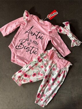 PatPat Pink Floral 'Auntie is My Bestie' Baby 3-Piece Outfit 0-3 months NEW